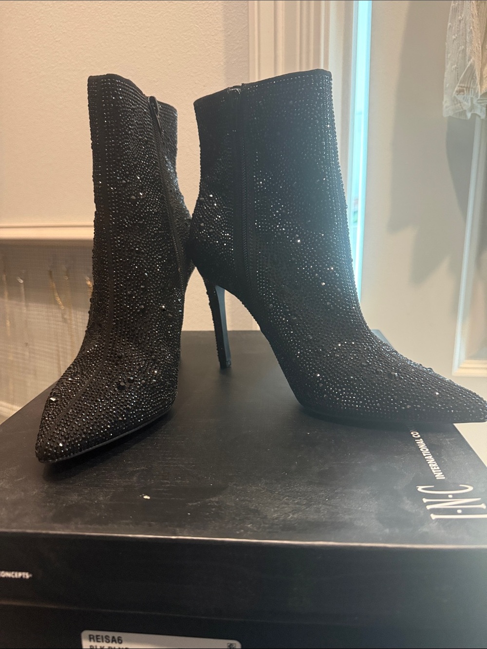 INC International Concepts Black Embellished Pointed Toe Stiletto Ankle Booties